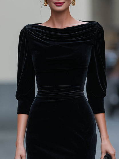 Cowl Neck Ruched Velvet Three-Quarter Sleeve Pencil Midi Dress