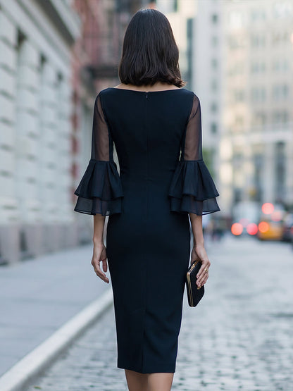 Sheer Tiered Bell Sleeve Sheath Midi Dress