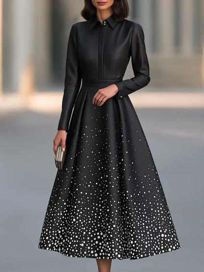 Women's Black Long-Sleeve Collared Polka Dot A-Line Midi Dress