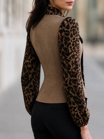 Leopard Print Bow Tie Neck Long Sleeve Fitted Blouse Top