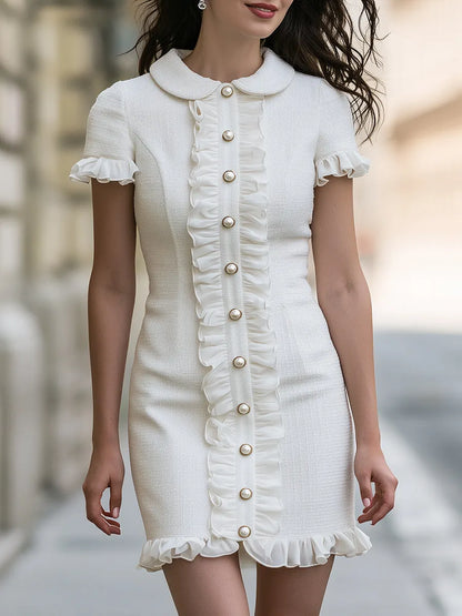 Elegant Ruffle Trim Pearl Button Mini Dress