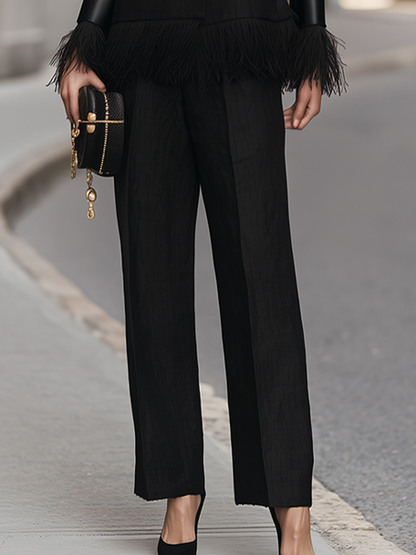 Fringe-Trim Button-Front Jacket And Wide-Leg Pants Set