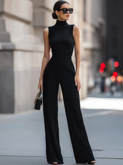 Ribbed High-Neck Sleeveless Wide-Leg Jumpsuit