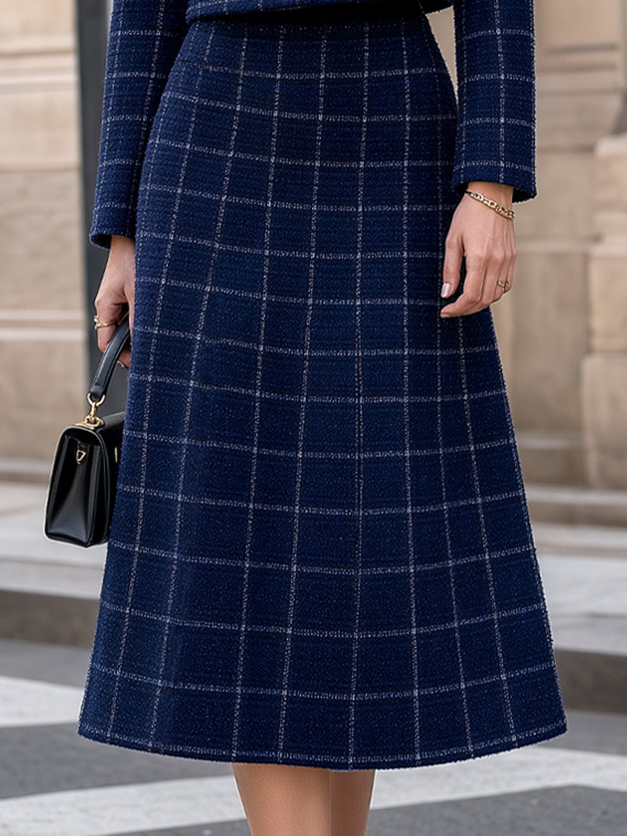 Plaid Tweed Crop Jacket & Midi Skirt Tailored Set