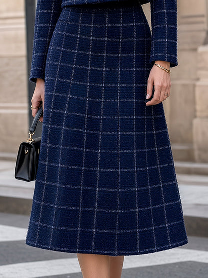 Plaid Tweed Crop Jacket & Midi Skirt Tailored Set