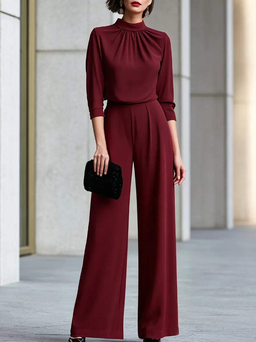 Draped High-Neck Pleated Blouse Wide-Leg Suit Set