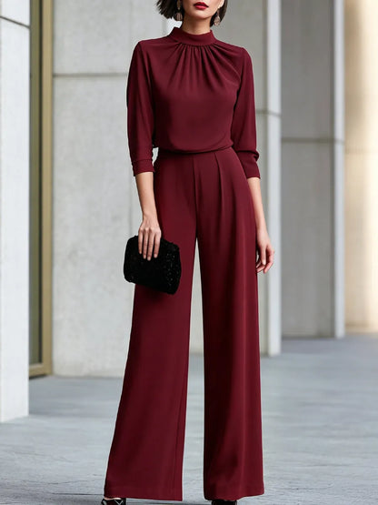 Draped High-Neck Pleated Blouse Wide-Leg Suit Set