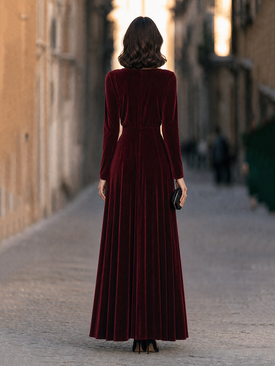 Elegant Ruched Velvet Long-Sleeve Maxi Evening Gown