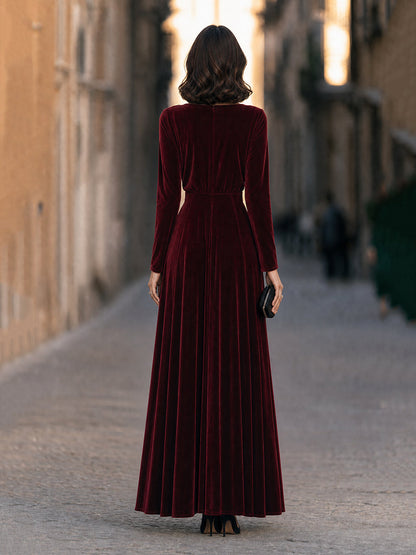 Elegant Ruched Velvet Long-Sleeve Maxi Evening Gown