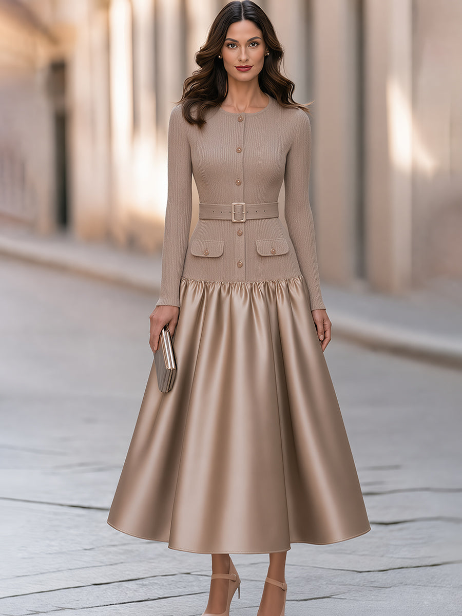 Elegant Ribbed-Knit And Satin Midi Dress With Belt