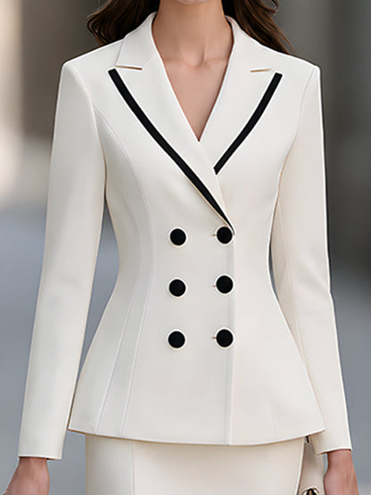 White Contrast Trim Double-Breasted Blazer Pleated Skirt Suit Set