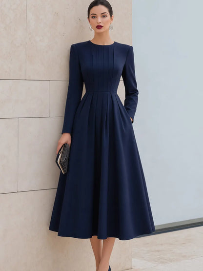 Elegant Pleated Waist A-Line Midi Dress