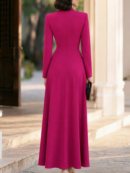 Pleated Draped Long Sleeve A-Line Maxi Dress