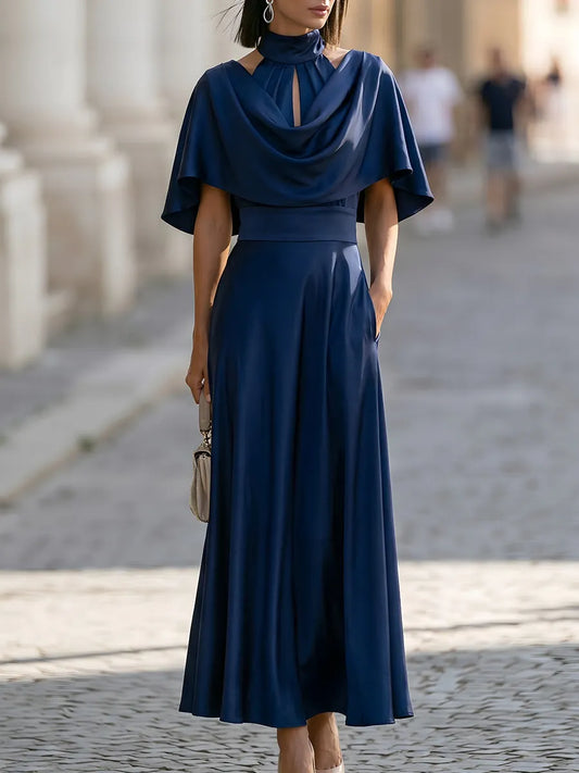 Satin Halter Neck Cape Sleeve Maxi Dress