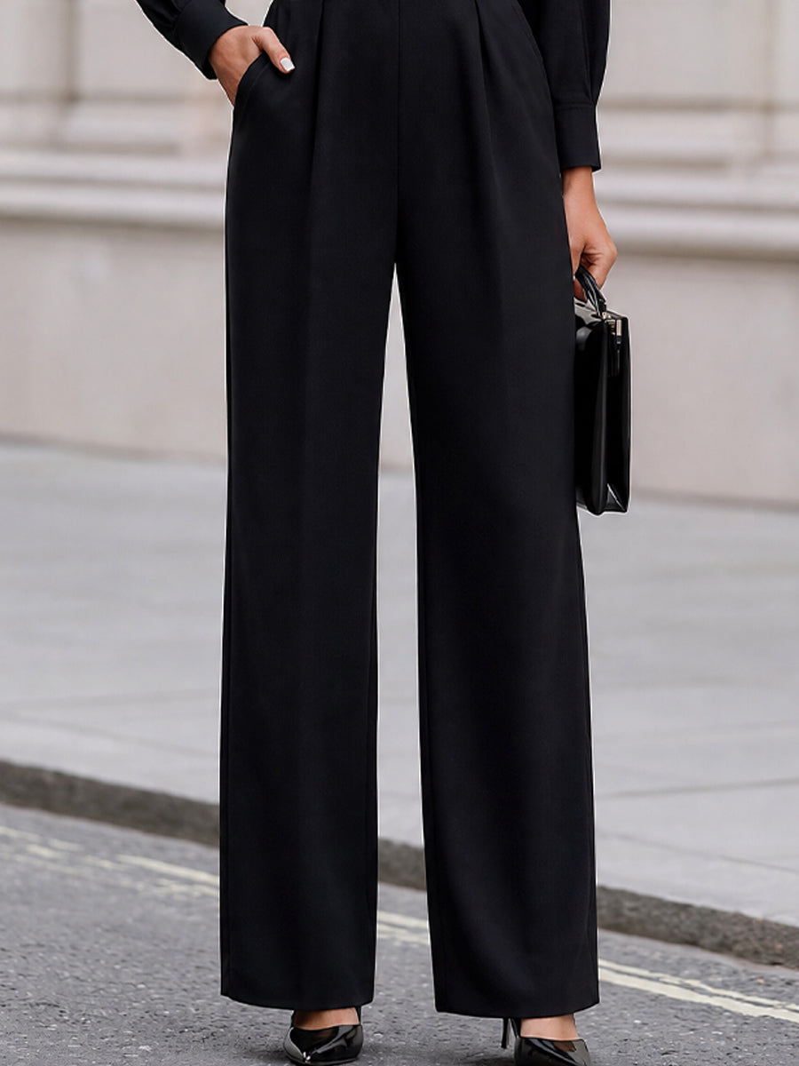 Stand Collar Button Pocket Long Sleeve Wide Leg Tailored Jumpsuit