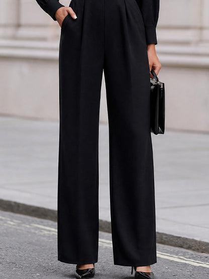 Stand Collar Button Pocket Long Sleeve Wide Leg Tailored Jumpsuit