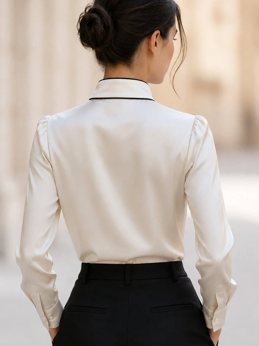 Contrast Piped Mock Neck Satin Blouse