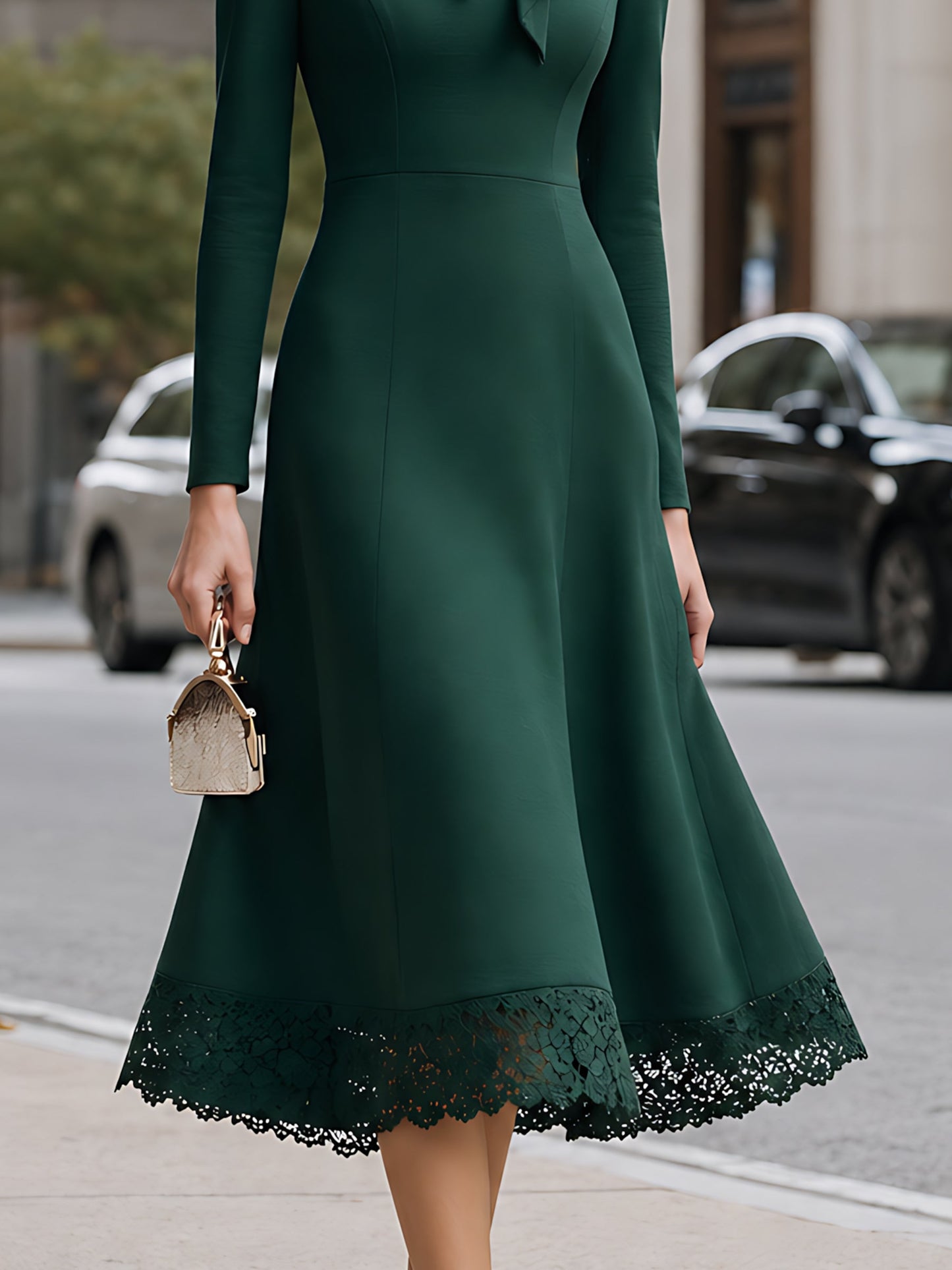Tie-Neck Lace-Hem A-Line Midi Dress