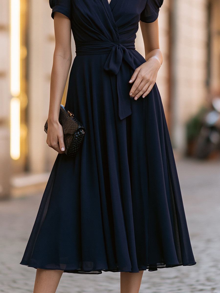 Elegant Wrap V-Neck Tie Waist Midi Dress With Puff Sleeves