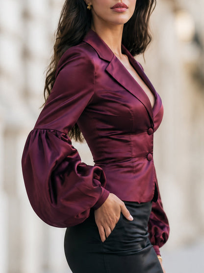 Satin Deep V-Neck Lantern Sleeve Blazer Jacket