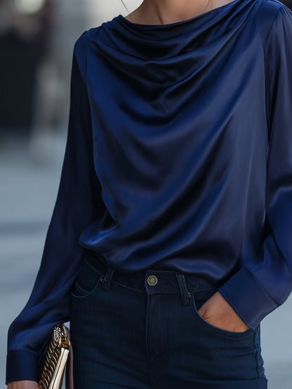 Satin Cowl-Neck Draped Long-Sleeve Top