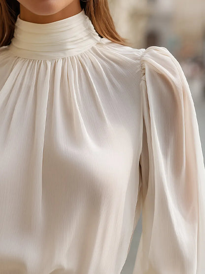 High-Neck Gathered Chiffon Blouse