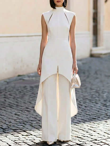 Sleeveless High-Neck Structured Jumpsuit With High-Low Overlay And Wide-Leg Trousers