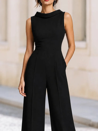 Black Fold Collar Sleeveless Wide Leg Tailored Jumpsuit