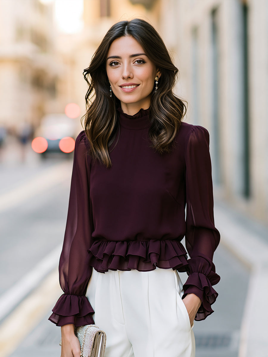 Ruffled Mock Neck Peplum Blouse