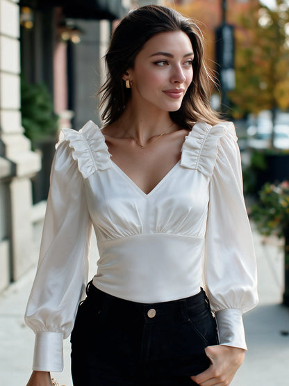Satin Ruffle Puff-Sleeve Ruched V-Neck Top