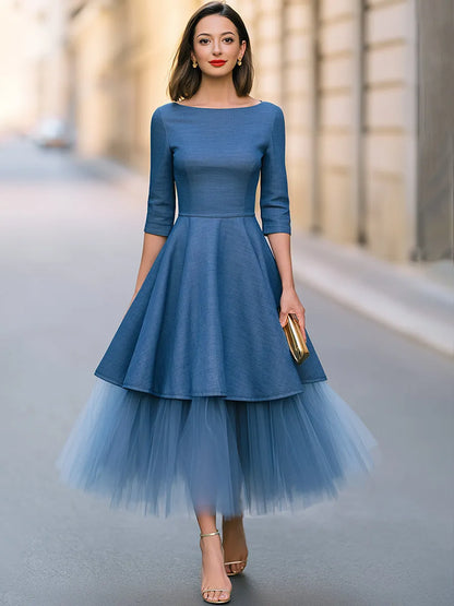 Tulle Hem Bateau Neck A-Line Midi Dress