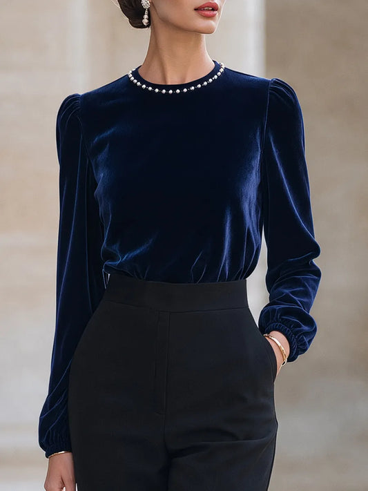Blusa de Veludo com Gola Bordada e Ombros Franzidos