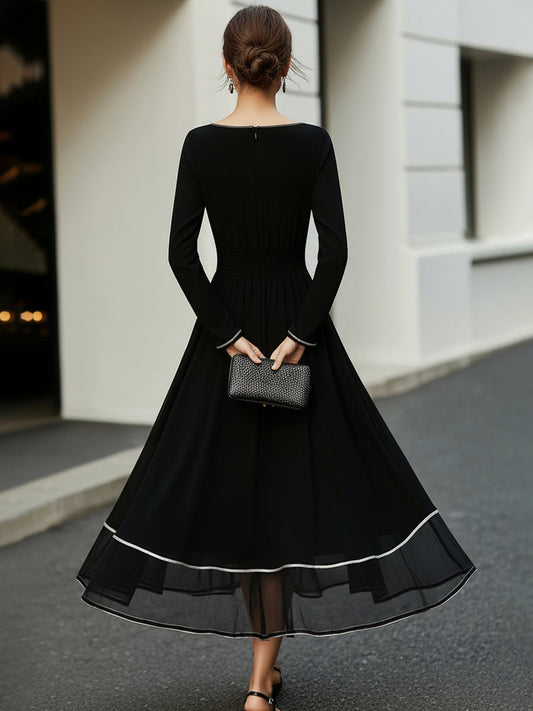 Long Sleeve Contrast Trim Midi Dress With Flared Skirt