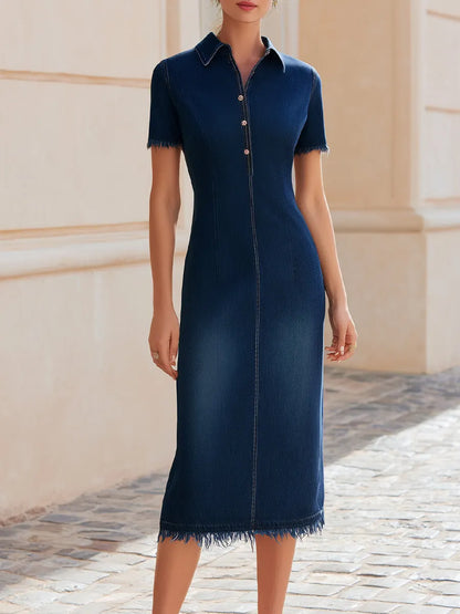 Dark Denim Collared Short Sleeve Fringe Hem Bodycon Midi Dress