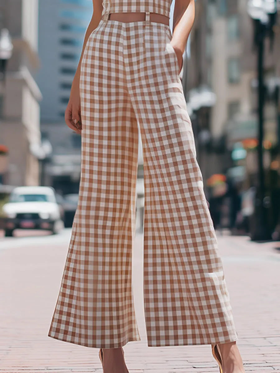Beige Gingham Sleeveless Wide-Leg Jumpsuit