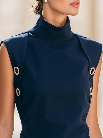 Sleeveless Turtleneck Top With Eyelet Detail
