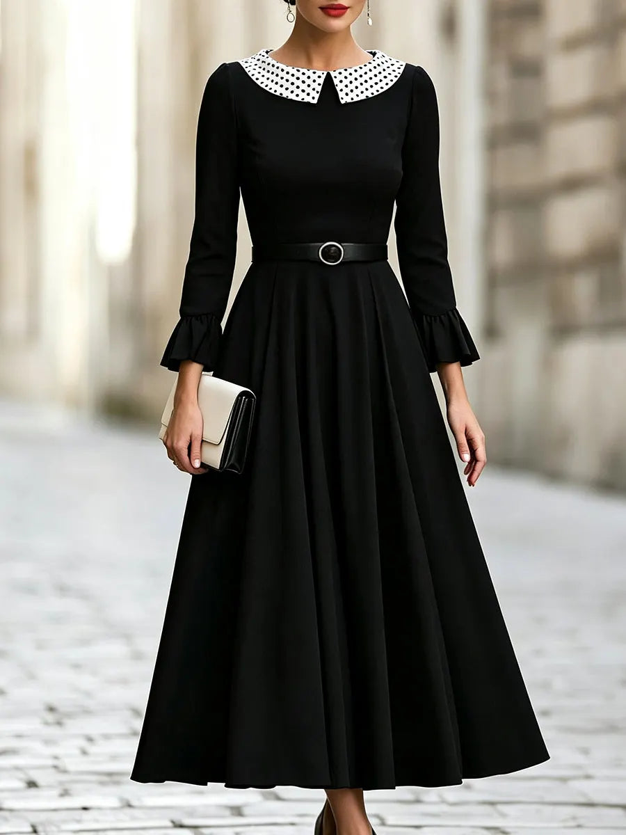 Elegant Polka Dot Collar A-Line Midi Dress
