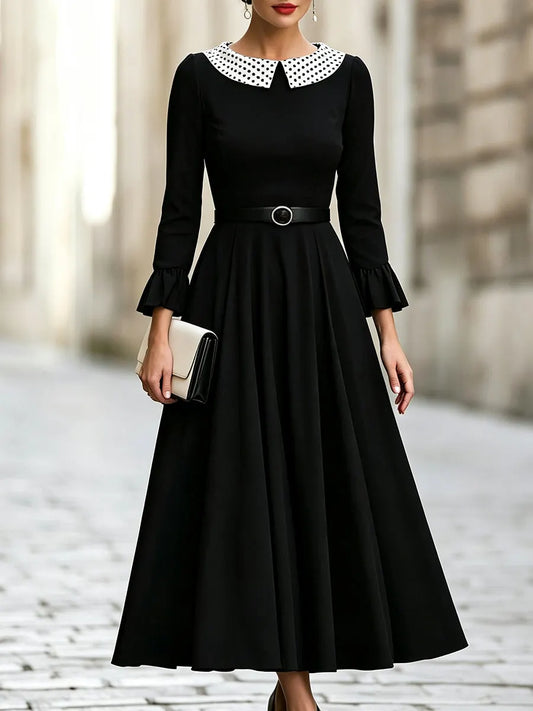 Elegant Polka Dot Collar A-Line Midi Dress