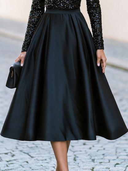 High Neck Sequin Long Sleeve Satin Swing Midi Cocktail Dress