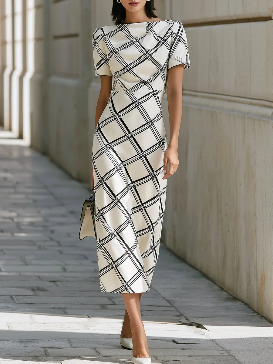 White & Black Plaid Puffed Sleeve Sheath Midi Dress