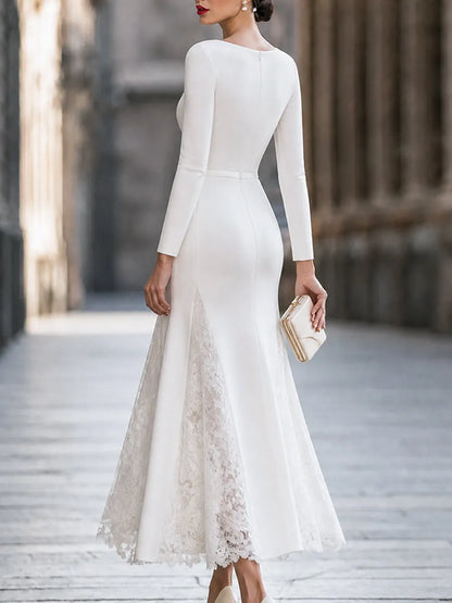 Elegant Long Sleeve Lace Splicing Mermaid Maxi Dress