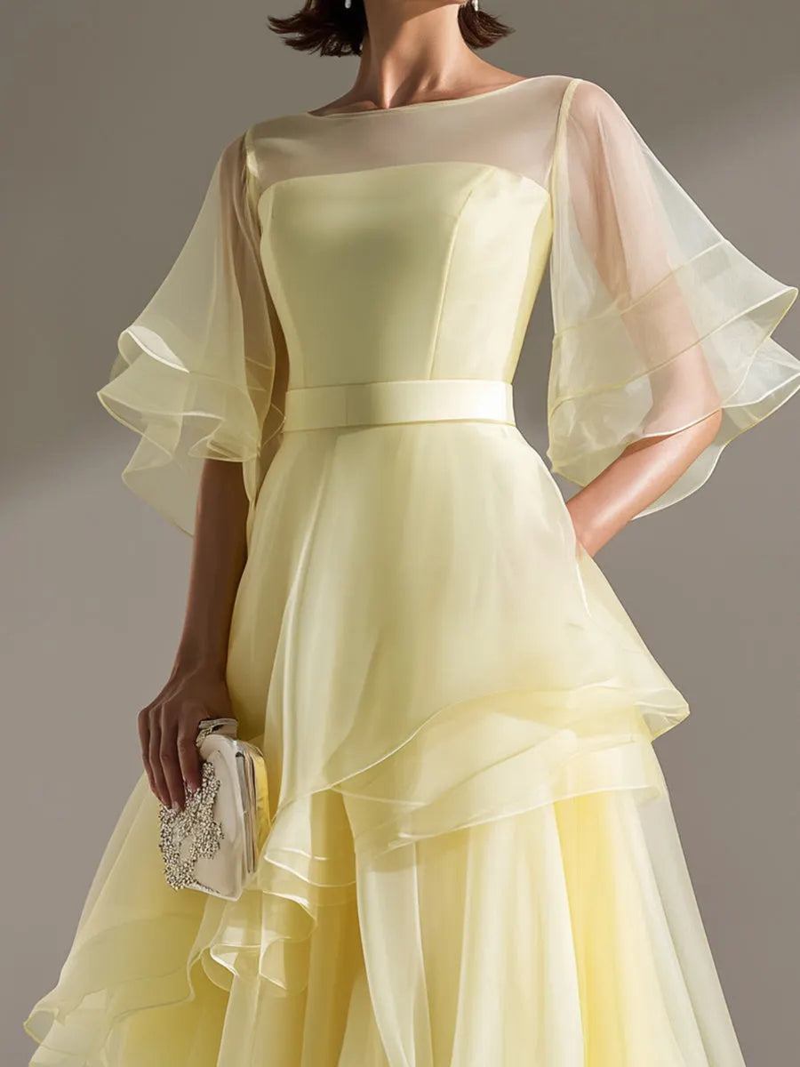 Sheer Yoke Flutter Sleeve Layered Organza Midi Dress