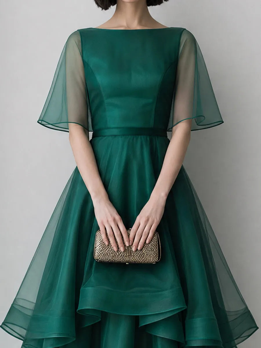 Sheer Cape Sleeve Layered Organza High-Low Midi Dress