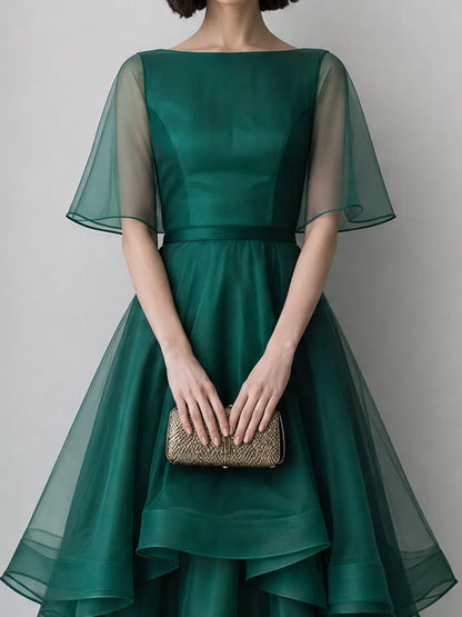 Sheer Cape Sleeve Layered Organza High-Low Midi Dress