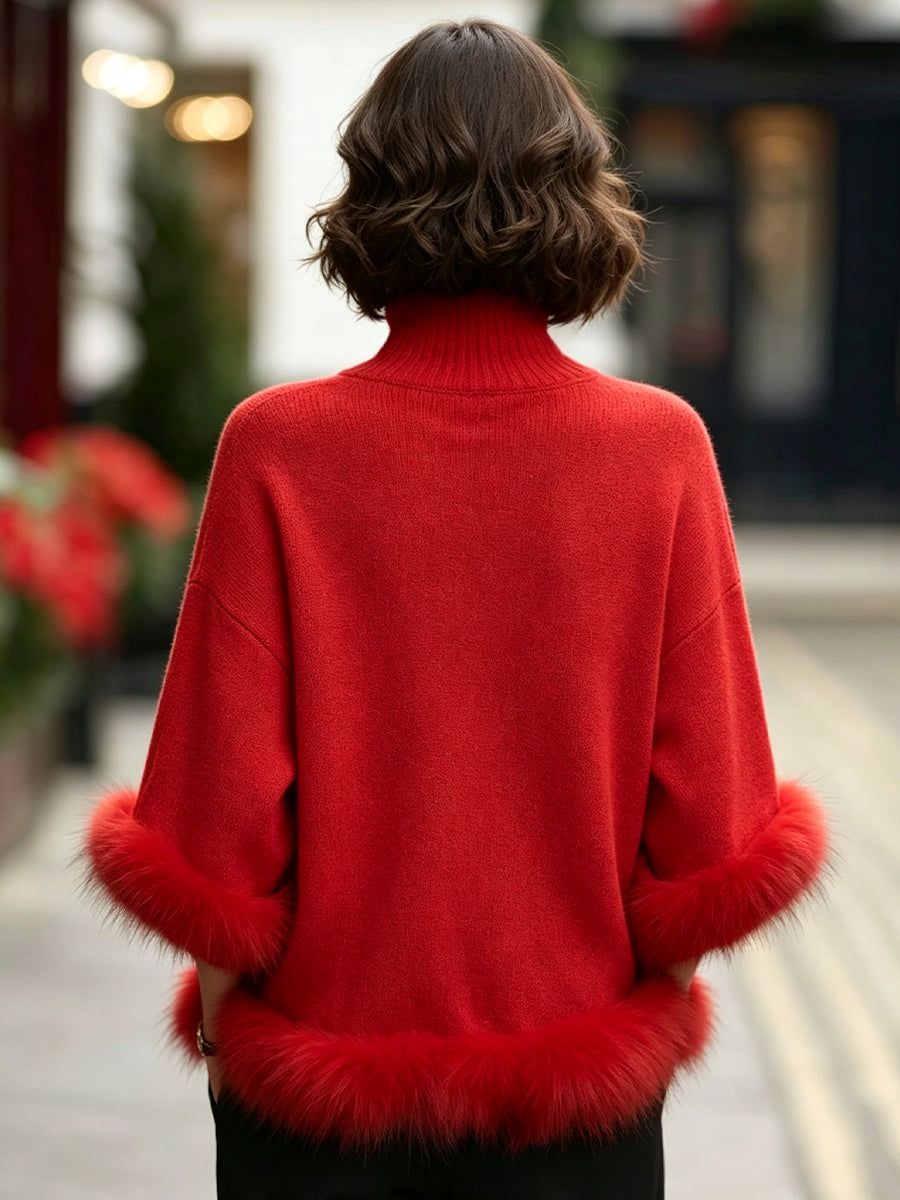 Elegant Turtleneck Detachable Faux Fur Trim Knit Sweater