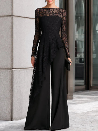 Lace Overlay Asymmetric Wide-Leg Jumpsuit