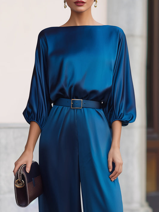 Draped Sleeves Belted Waist Satin Wide-Leg Jumpsuit