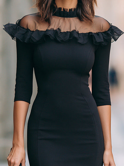 Sheer Yoke Ruffle-Trimmed Sheath Midi Dress
