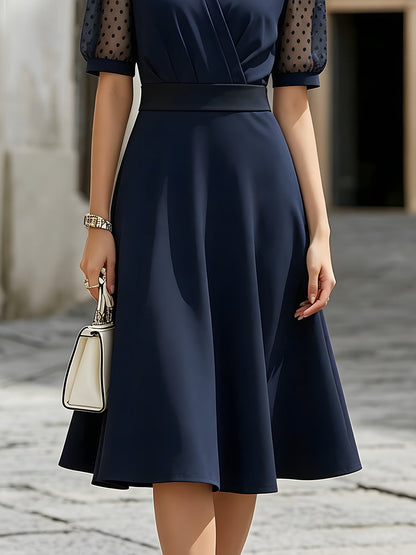 V-Neck Sheer Polka Dot Sleeve A-Line Midi Dress