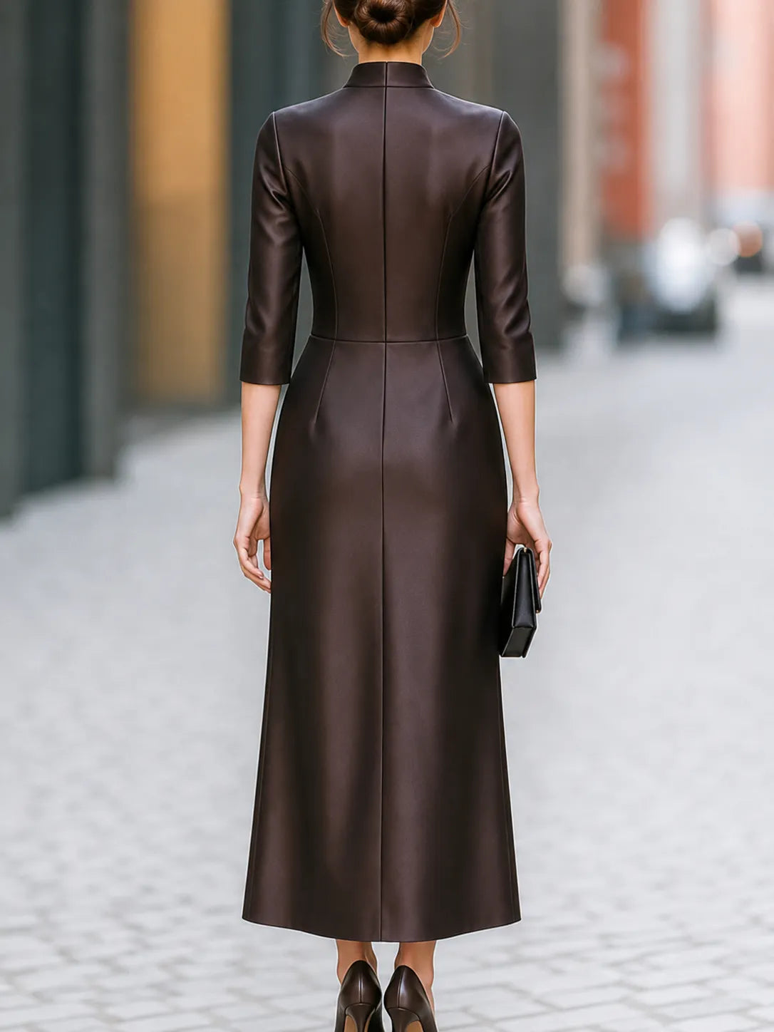 Elegant Stand Collar Zip Front Midi Dress